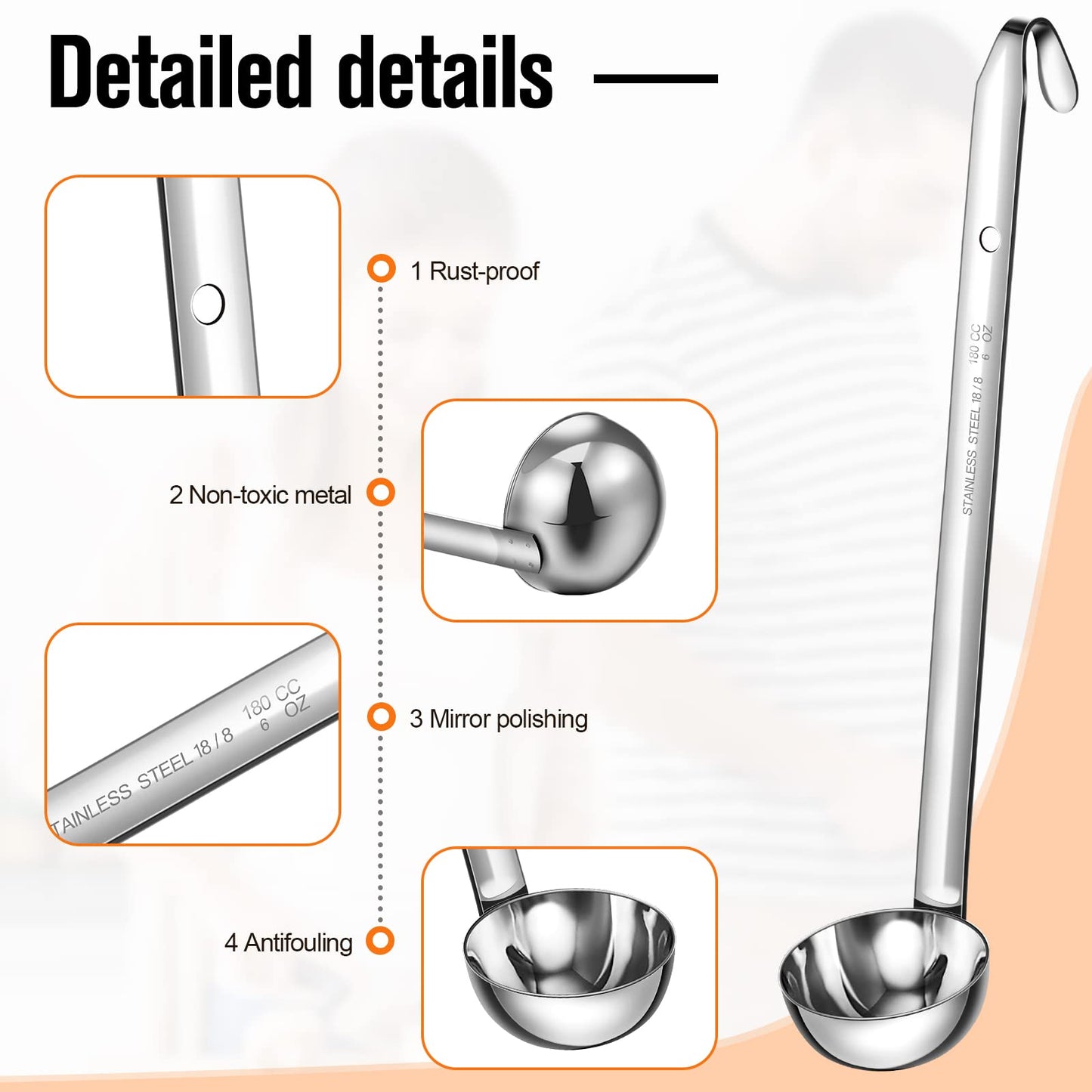 Cunhill 5 Pcs Soup Ladles Stainless Steel Serving Ladles with Long Handle for Serving, Cooking, Stirring, Portioning Kitchen Restaurant Accessories(6 oz)