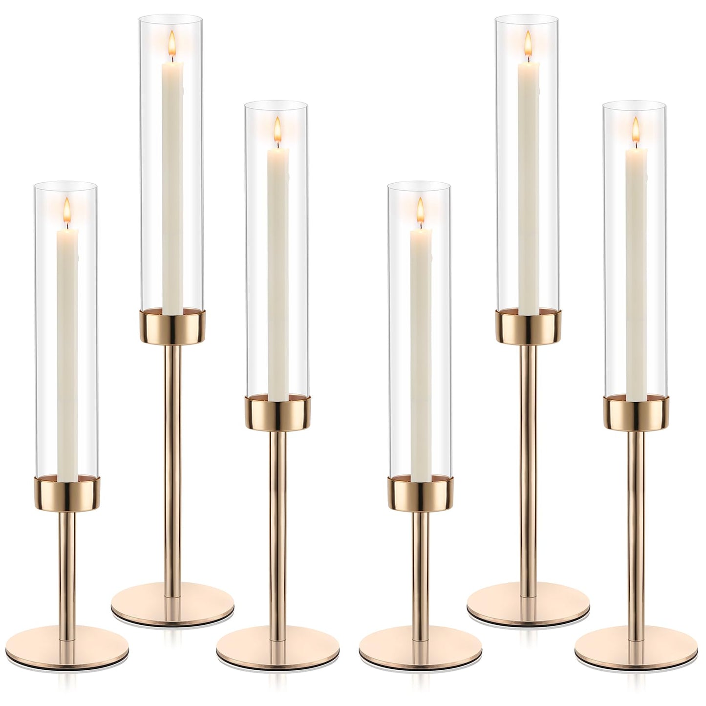 Gold Hurricane Candle Holders, Set of 6 Glass Taper Candlestick Holders Metal Candle Stands Bulk with Glass Cover for Dining Tables Wedding Candelabra Centerpieces Decor