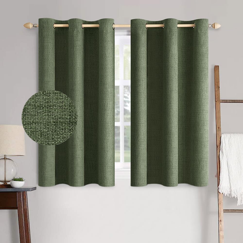 MIULEE 100% Blackout Linen Textured Curtains - Olive Green Thermal Insulated Drapes | 42 x 63 Inch (2 Panels)