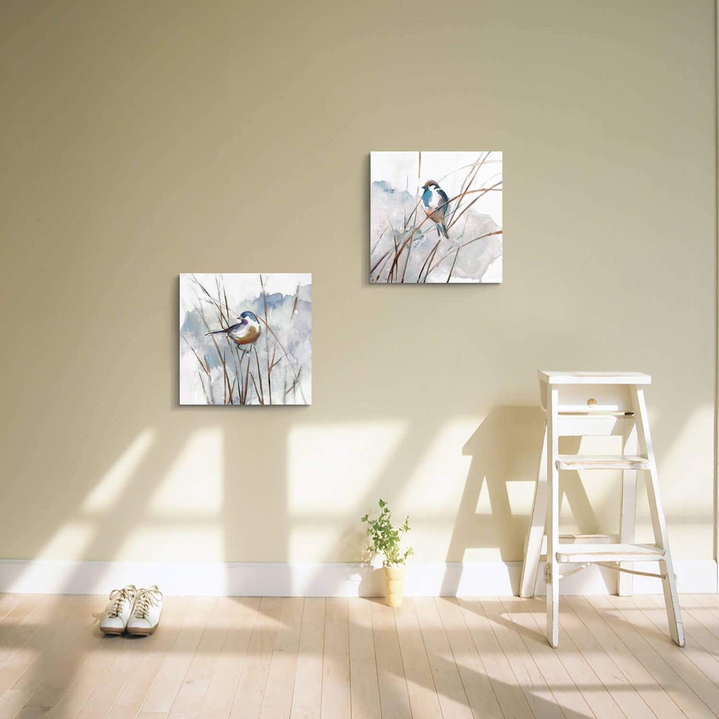 Abstract Bird Picture Wall Art: Animal Birds on Reed Artwork Painting on Canvas for Living Room (16” x 16” x 2 Panels)