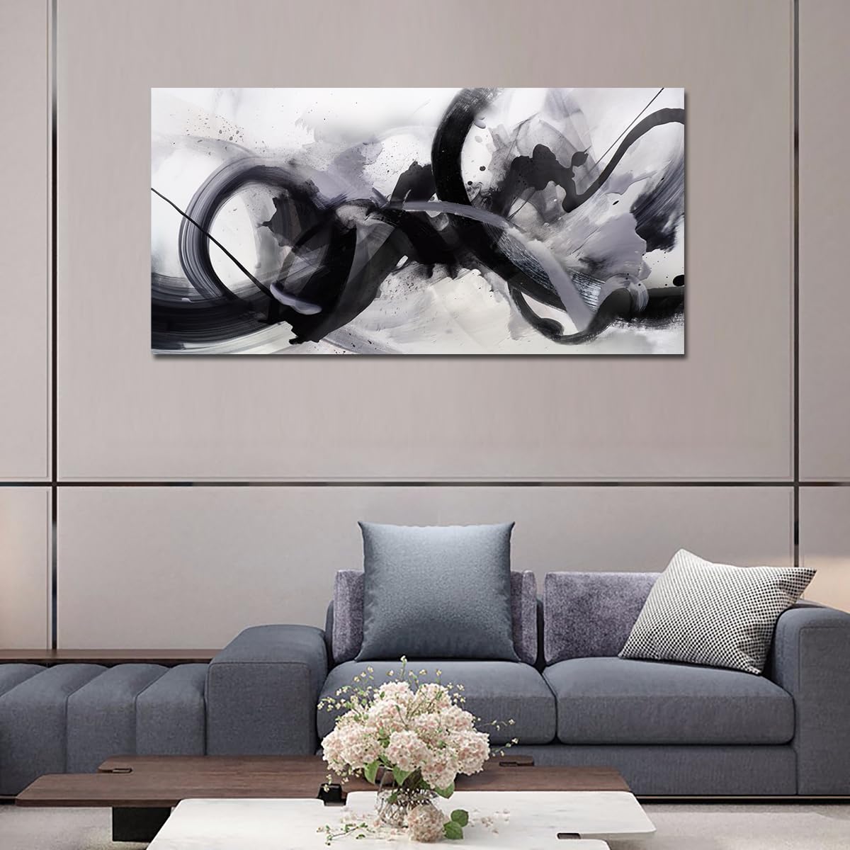 Black White Abstract Wall Art Canvas Geometric Lines Print Picture Large 20x40 Inch Contemporary Artwork Pinting for Bedroom, Dining Room, Office…