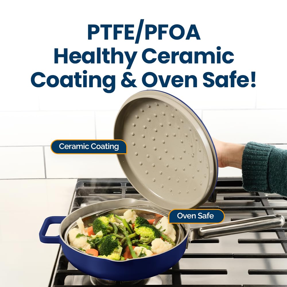 Nutricook 10.5” Ceramic Nonstick Pan with Lid, Steamer & Spatula | PTFE & PFOA Free | Oven Safe, Induction Compatible | 10-in-1 Multi-Function Cookware for Saute, Frying, Searing, Steaming & Baking