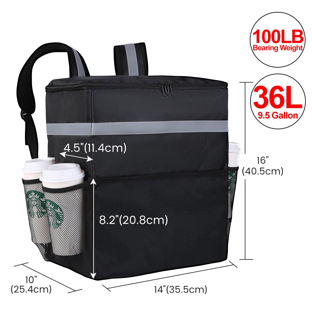 CIVJET Insulated Food Delivery Backpack with 4 Cup Holder, Cooler Bags, Insulated Food Delivery Bag for Hot/Cold Food for Bike, Insulated Reusable Grocery Shopping Backpack for（Black）