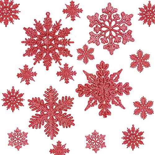 36Pcs Red Snowflake Ornaments, Plastic Glitter Snow Flakes Ornaments for DIY Winter Christmas Tree Decorations,New Year Party Home Decorations