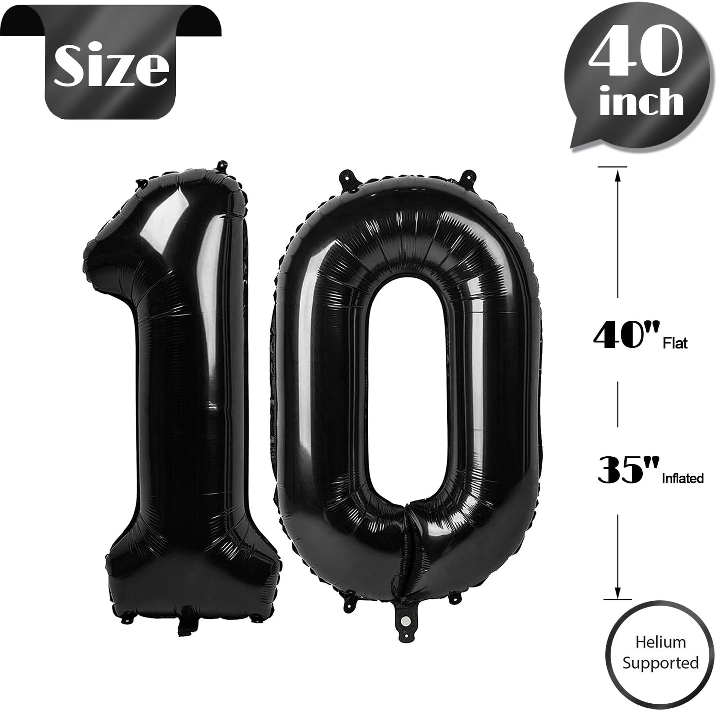 Black Number 10 Balloon 40 inch, 10 Number Balloons, 10th Black Birthday Decorations, 10 Year Old Girls Boys Party Supplies