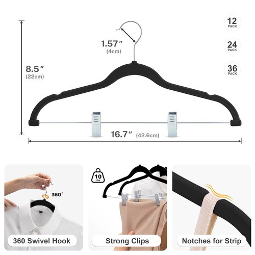 HOUSE DAY Velvet Skirt Hangers 24 Pack, Black Velvet Pant Hangers with Adjustable Clips, Space Saving Slim Shorts Hanger, Heavy Duty Non Slip Clip Hanger for Pants, Skirts, Shorts