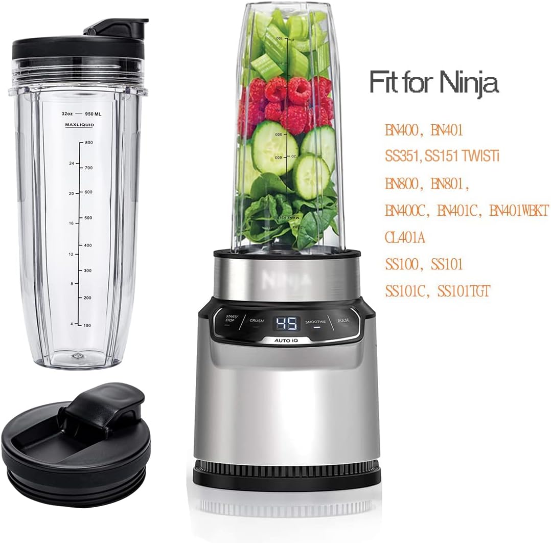 Ninja 32oz Replacement Cups - Compatible with Nutri BN401, BN800, Upgraded Sip & Seal Lids | 2 Pack