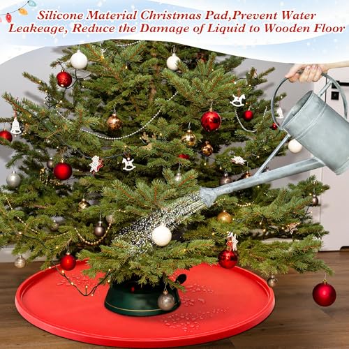 Dunkive 31 Inch Red Silicone Christmas Tree Mat Heavy Duty Floor Protector Waterproof Xmas Stand Pad
