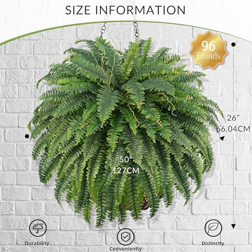 50-Inch Artificial Boston Fern Bush - Fake Outdoor Plant, Realistic Fake Fern for Garden & Patio - 1 Pcs