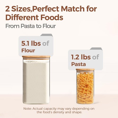 ComSaf Glass Pantry Storage Containers - Airtight 4.6Qt & 1.6Qt Square Jars with Bamboo Lids | Ideal for Flour, Sugar, Rice, and More