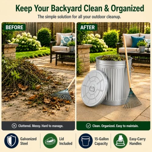 15 Gallon Galvanized Steel Trash Can with Lid Handles for Indoor & Outdoor Use - Weather-Resistant Storage Bucket