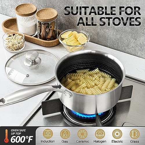 Michelangelo Triply Stainless Steel Saucepan Set 1Qt 2Qt 3Qt Honeycomb Interior