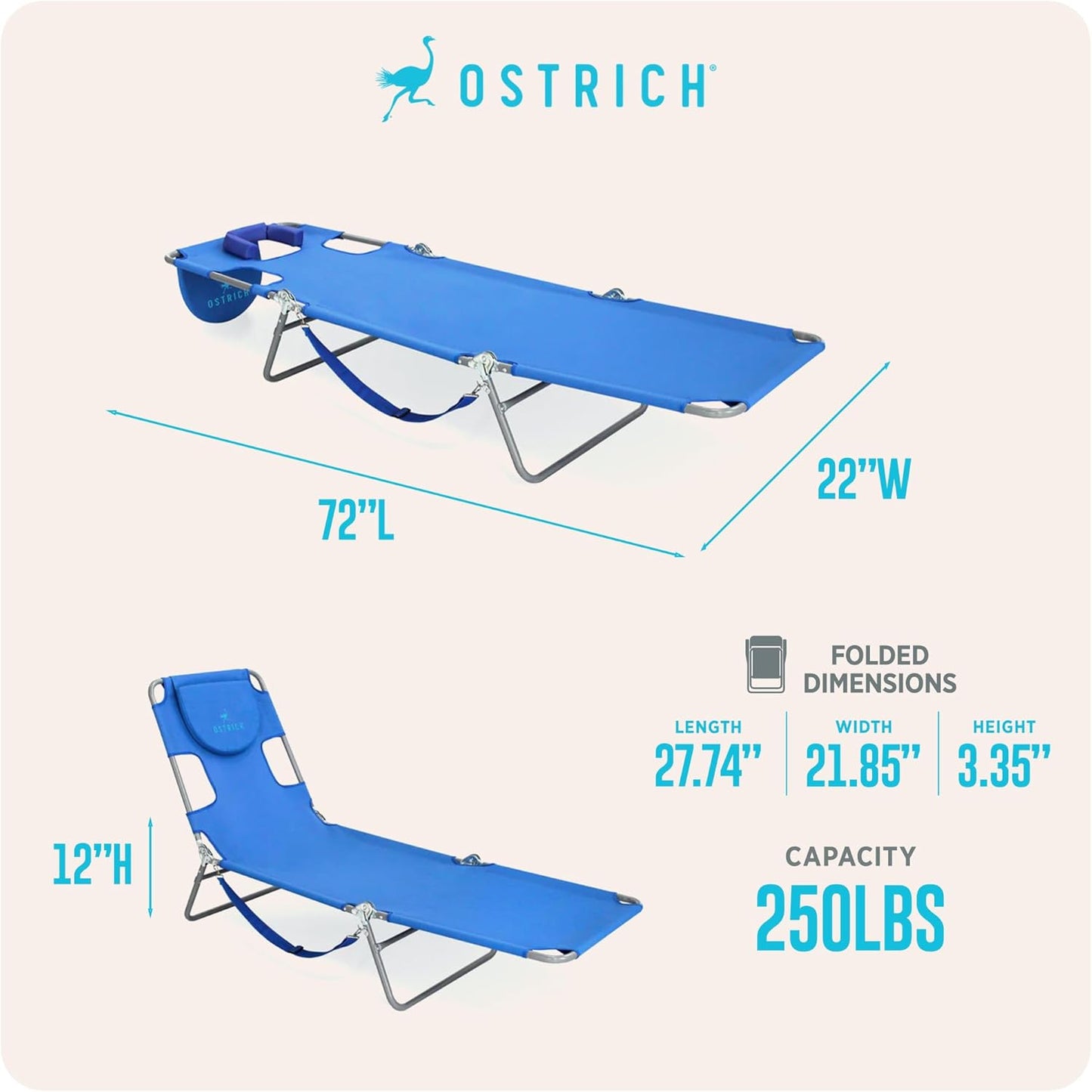Ostrich Original Chaise Lounge - 72 x 22 Inch Portable Reclining Chair for Beach, Patio & Pool - Ocean Blue