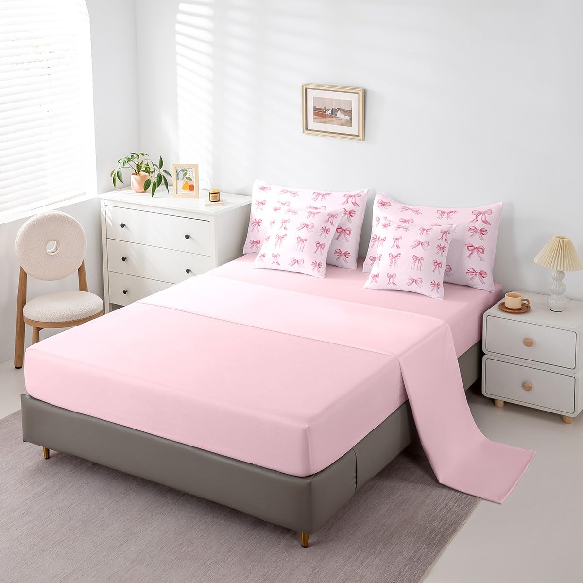 Feelyou Pink Bowknots Decoration 7 Piece Bedding Set Twin Size for Girls Pink Bow Dreamy Kids Bed in a Bag Girly Pink Bed Set