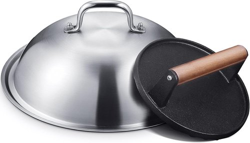 HOMENOTE Griddle Accessories - 12 Inch Heavy Duty Melting Dome & Round Cast Iron Burger Press | Perfect for Flat Top Hibachi Grill