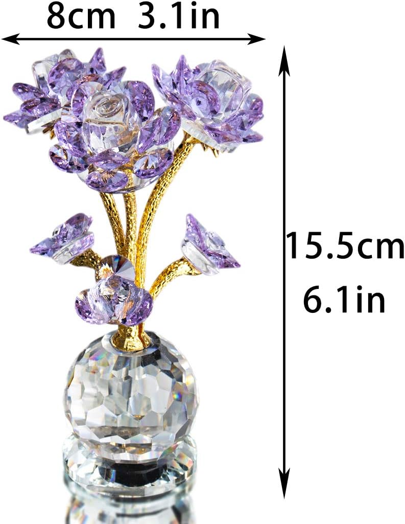 QFkris Purple Crystal Rose Flower Figurine - 6" Collectible Glass Statue | Elegant Home Decor Gift for Women