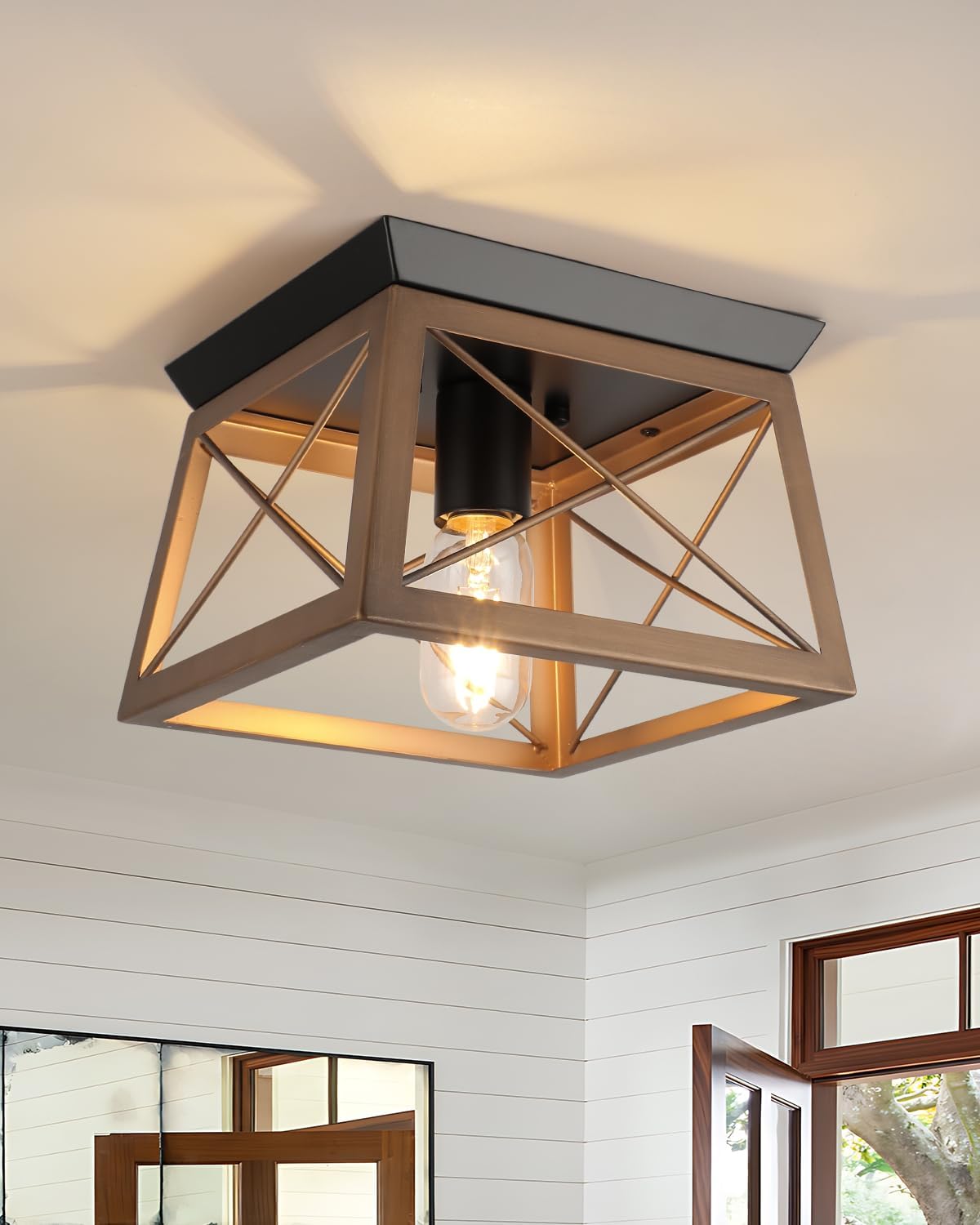 Farmhouse Flush Mount Ceiling Light Oak White Ceiling Light Fixtures 2-Light Industrial Vintage Metal-Framed Ceiling Lighting for Hallway Foyer Kitchen Dining Room Bedroom Living Room Laundry