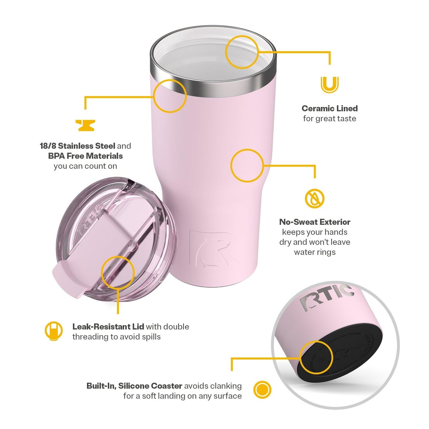 RTIC 20oz Essential Tumbler with Lid, Ceramic Lined, Insulated, Stainless Steel, Metal, Double Wall Vacuum-Insulation, Travel Cup for Iced Coffee, Tea, Hot and Cold Drink, Pale Pink
