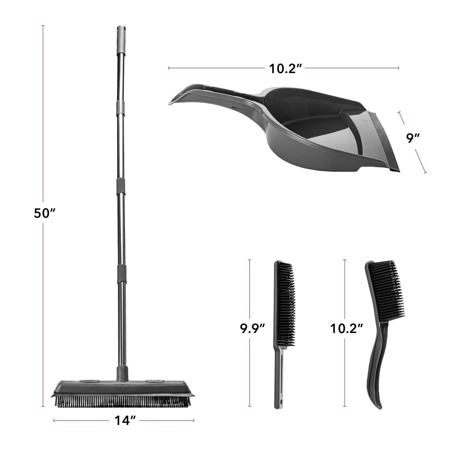 OVENTE Carpet Rake Rubber Broom for Pet Hair Removal with Squeegee, Detailing Lint Fur Remover Brush, Dustpan and 50” Handle, Cleaning Tools Set for Rug, Hardwood Floor, Tile and Window, Grey CT2504GY