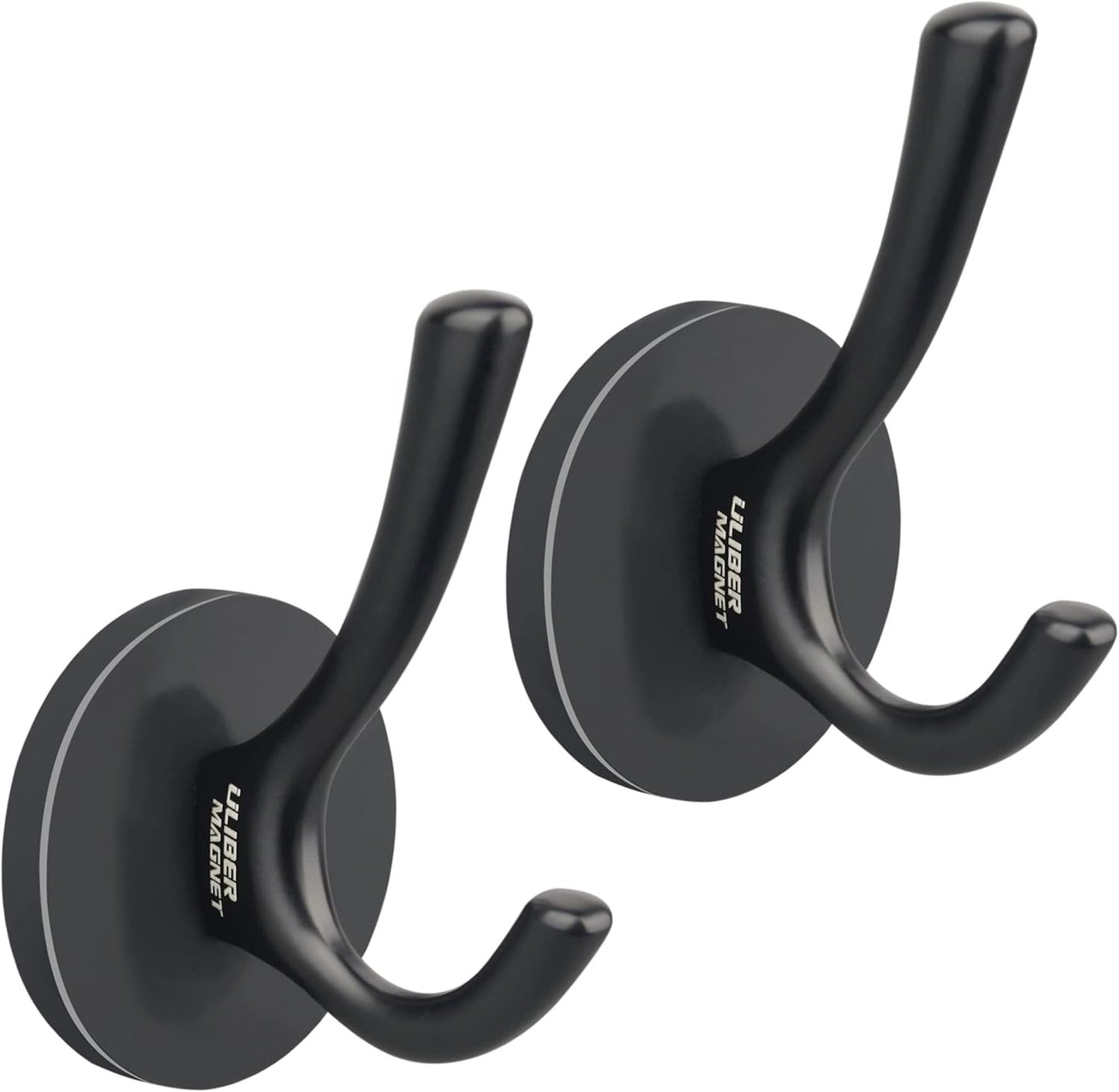 ULIBERMAGNET Heavy-Duty Magnetic Double Hooks - Sturdy Rubber Coated Coat & Towel Holders (Black, 2 Pack)