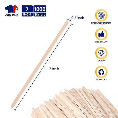 JOLLY CHEF 1000 Count Wood Coffee Stirrers, 7 inch Birch Coffee Stir Sticks, Wooden Sticks for Coffee, Tea and Beverage
