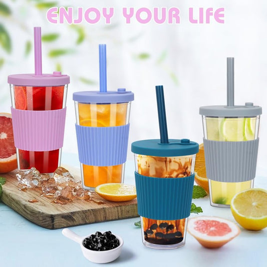 UHAPEER 2 Pack Reusable Boba Cups, 17oz Iced Coffee With Straw and Lid, Leakproof Clear Plastic Tumbler, Double Wall Insulated Smoothie Cup, Pastel Violet and Cornflower Blue