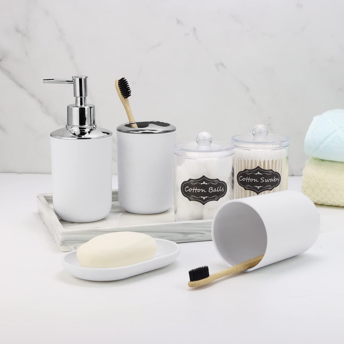 Bathroom Set - 9 Pcs White Bathroom Accessories Set with Trash Can,Tray,Soap Dispenser,Soap Dish,Toothbrush Holder&Cup,Toilet Brush Holder,2 Qtip Holder Dispenser