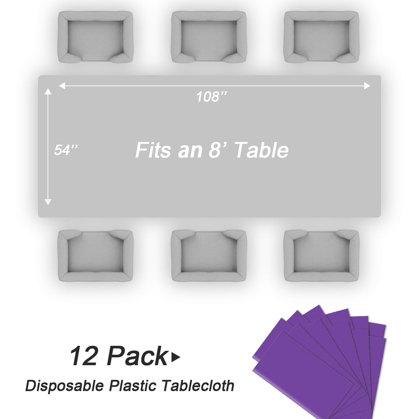 QIKSION Purple Plastic Table Cloth Disposable 12 Pack, 54 x 108 Inch Tablecloths for Party, Birthday, Graduation, Halloween Decorations, Rectangle Table Cover