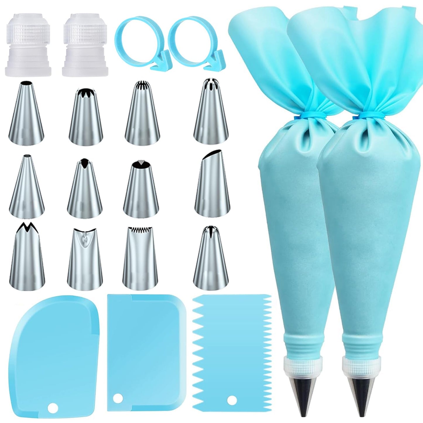 21pcs/set Cake Decorating Tools,Piping Bags and Tips Set;with 2pcs Reusable Icing Pastry Bags,Set Of 3 Scrapers,12 Different Icing Bags Tips, 2 Piping Bags Couplers and 2 Frosting Bags Ties