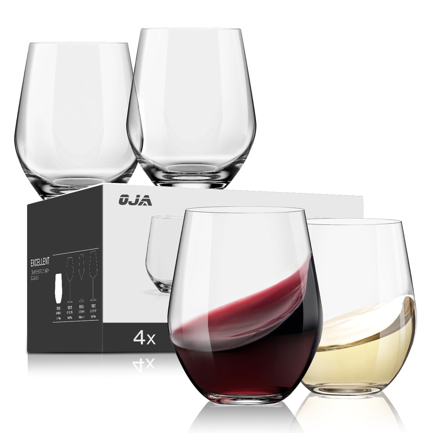 Stemless Wine Glasses Set of 4, Red White Wine Glasses, No Stem, Clear, 15oz, Premium Crystal Sturdy Drinking Glass for Daily Use, Birthday, Wedding, Home Party, Anniversary, Shower Gift
