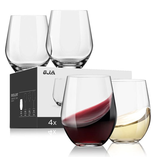 Stemless Wine Glasses Set of 4, Red White Wine Glasses, No Stem, Clear, 15oz, Premium Crystal Sturdy Drinking Glass for Daily Use, Birthday, Wedding, Home Party, Anniversary, Shower Gift