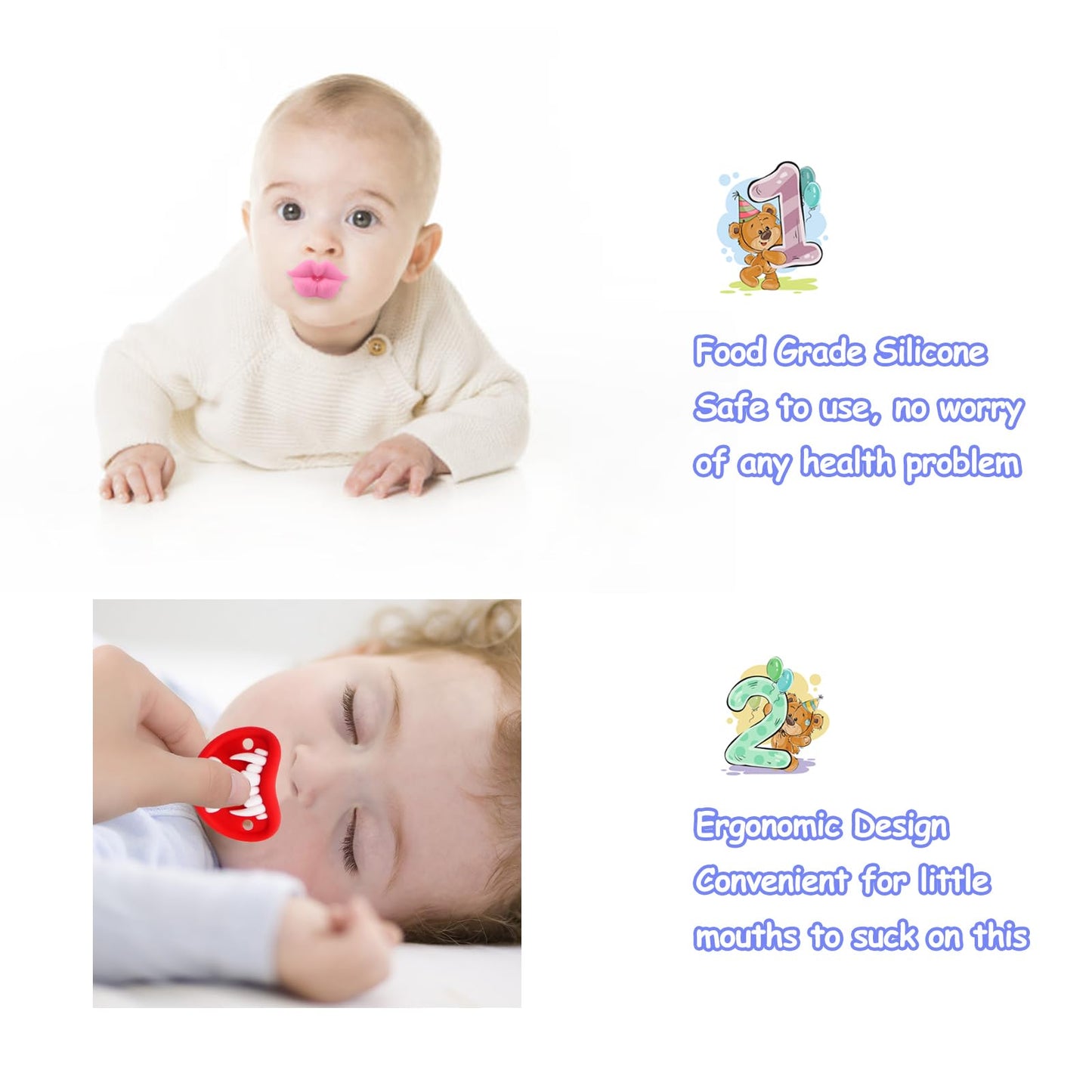 ROBBEAR Funny Baby Pacifier, Cute Mustache Binkies, Fake Big Teeth Binky Bucktooth Halloween Pacifiers for Babies 0-36 Months, Silicone Nipple Baby Binkies, BPA-Free, Gift for Infants