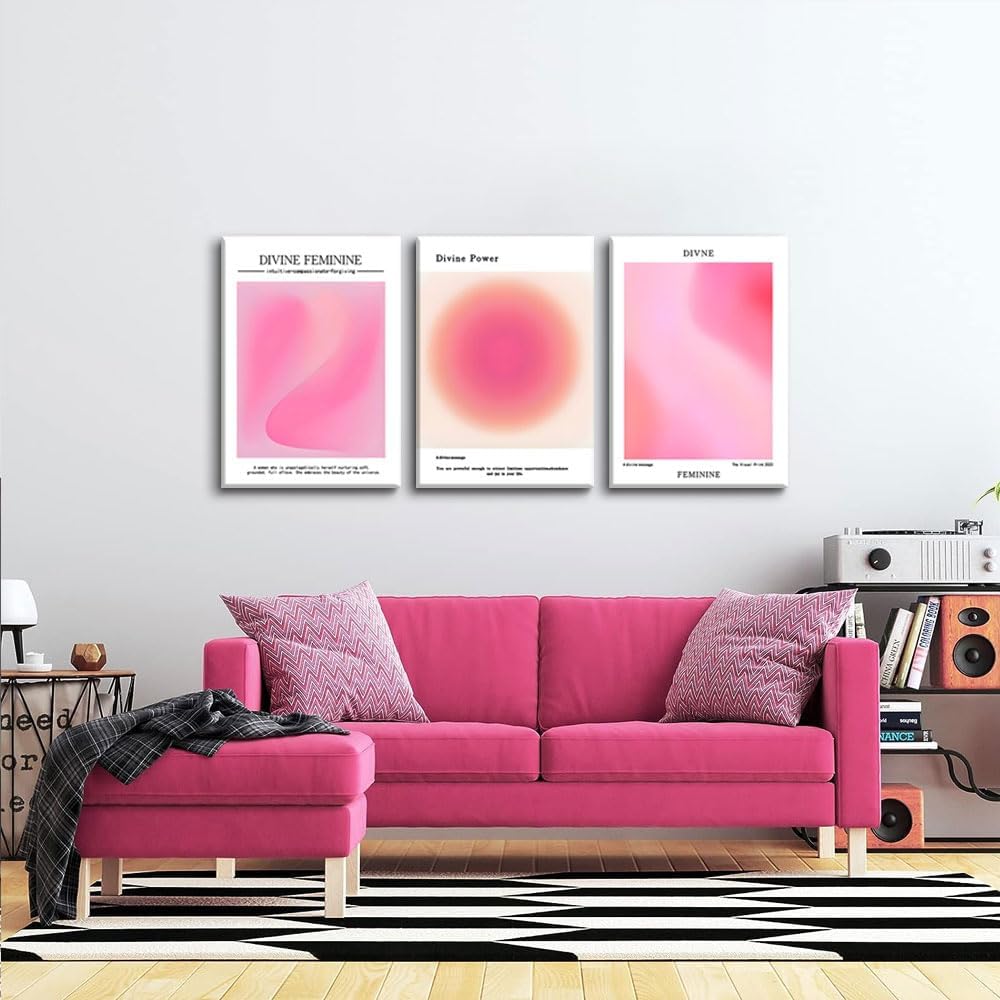 Trendy Aesthetic Canvas Wall Art Set of 3 - Pink Gradient Aura Angel Posters | Framed 12x16 Inch Decor for Bedroom & Living Room