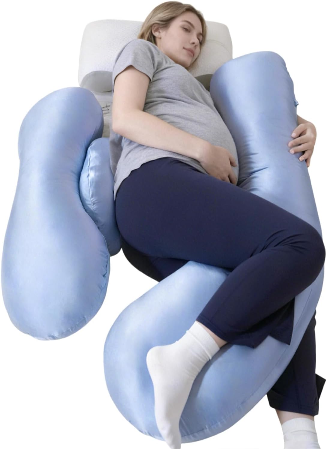 Skiennix Pregnancy Pillow - H-Shaped Adjustable Body Support with Cooling Cover | Ideal for Side Sleepers (Blue)