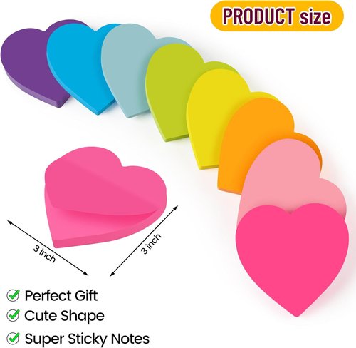 Heart Sticky Notes - 3x3 Inch, 8 Pads of Super Cute Bright Color with Strong Adhesive | 82 Sheets Each