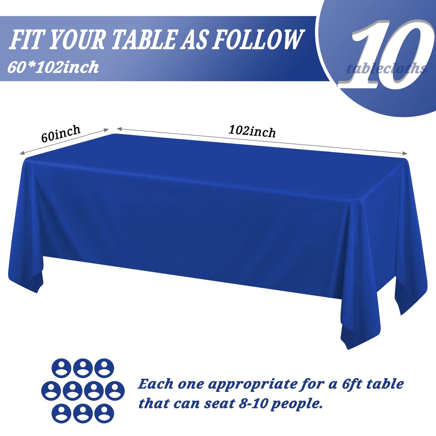 Pesonlook 10Pack Royal Blue Table Clothes for 8ft Rectangle Tables, 60 x 126 Inch Rectangle Tablecloth Anti-Wrinkle Washable Polyester Tablecloths for Wedding Reception Banquet Party