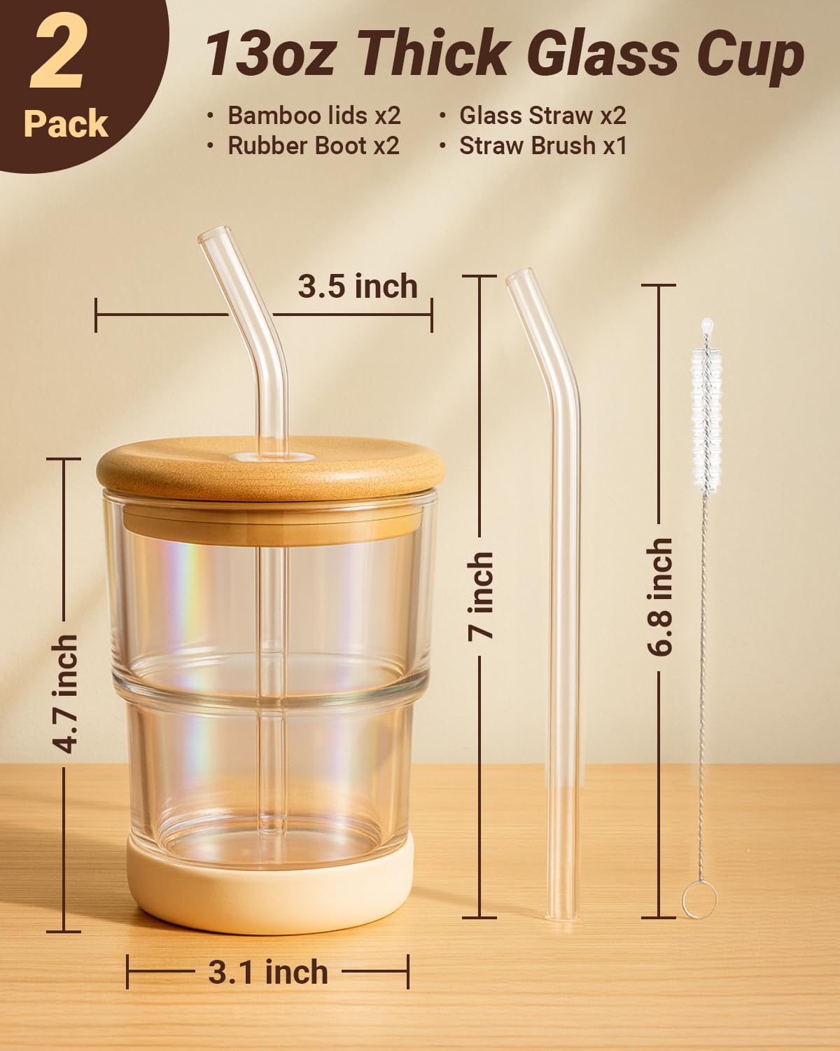 Zukro 13 oz/400ml Glass Cups with Bamboo Lid and Straw, Thick Wall Reusable Glass Tumbler for Iced Coffee, Tea, Matcha, Water Glasses for Home, Office, Non-Slip & BPA Free, Amber & Shrimmer