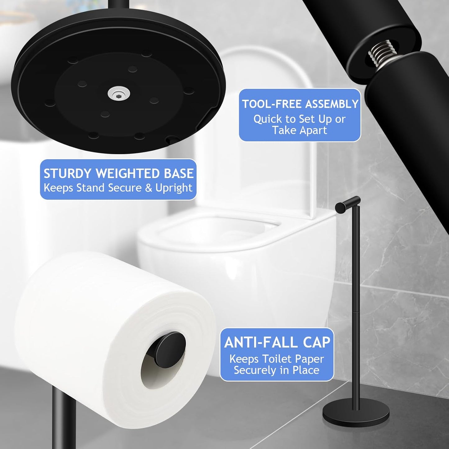 TACGEA Toilet Paper Holder Stand - Stainless Steel Free-Standing Design | Holds 4 Rolls - Black Set of 2