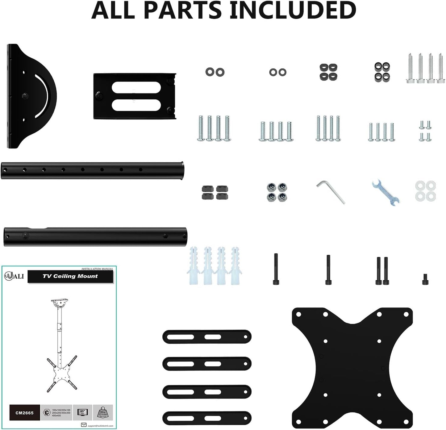 WALI Ceiling TV Mount - Adjustable Bracket for 26-65 Inch 4K TVs | Supports Up to 110 lbs, Black
