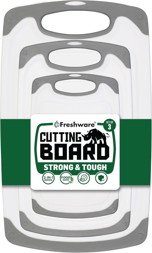 Freshware Cutting Boards - 3-Pack Kitchen Chopping Boards with Juice Grooves & Non-Slip Handles | Reversible, Dishwasher Safe - Gray