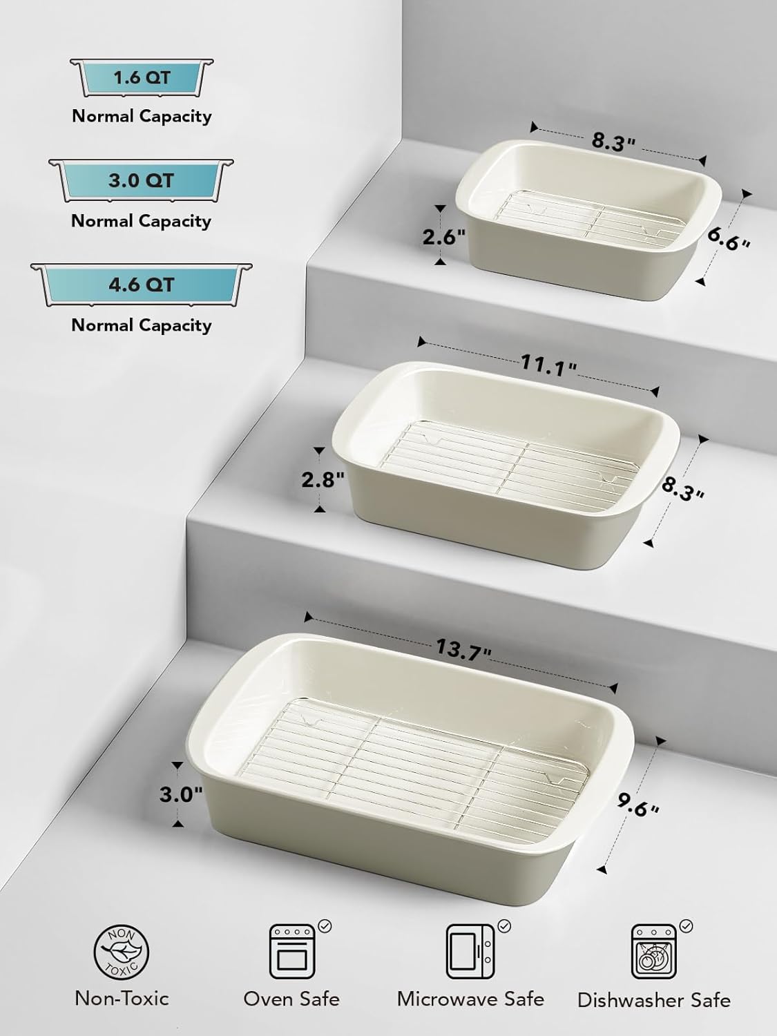 LE TAUCI Deep Casserole Dishes Set - 3-Piece Ceramic Bakeware with Roasting Racks | Large Lasagna Pans in Oatmeal Greige (4.6QT/3.0QT/1.6QT)