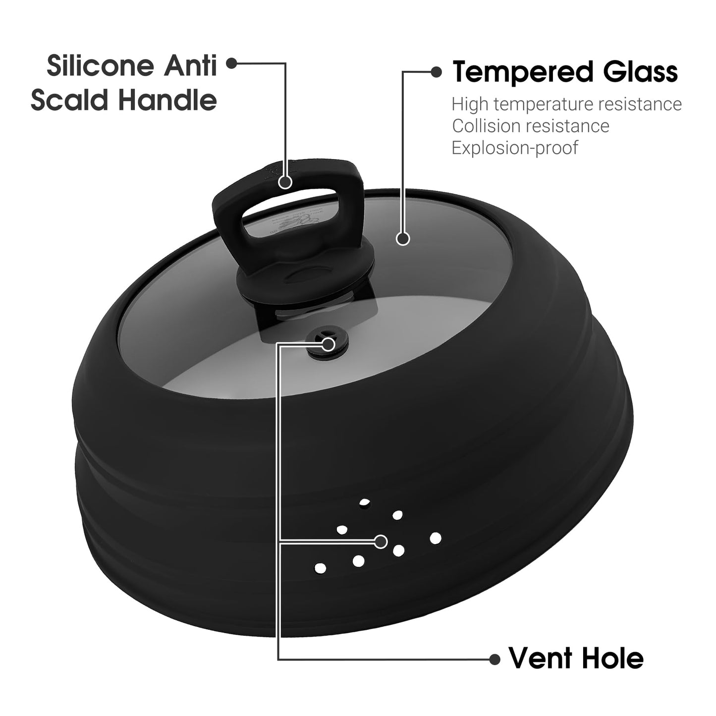 Microwave Splatter Cover Collapsible Silicone & Tempered Glass 11.8 Inch Microwave Cover for Food Splatter Guard with Steam Vents Dishwasher Safe Fits Bowls, Plates & Pots (Gray)