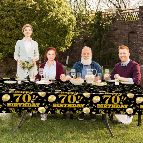 2 Pack 70th Birthday Tablecloth,Disposable Black Gold Plastic Waterproof Rectangular Table Covers for Christmas Party Decorations Men Women, 54 x 108 Inch