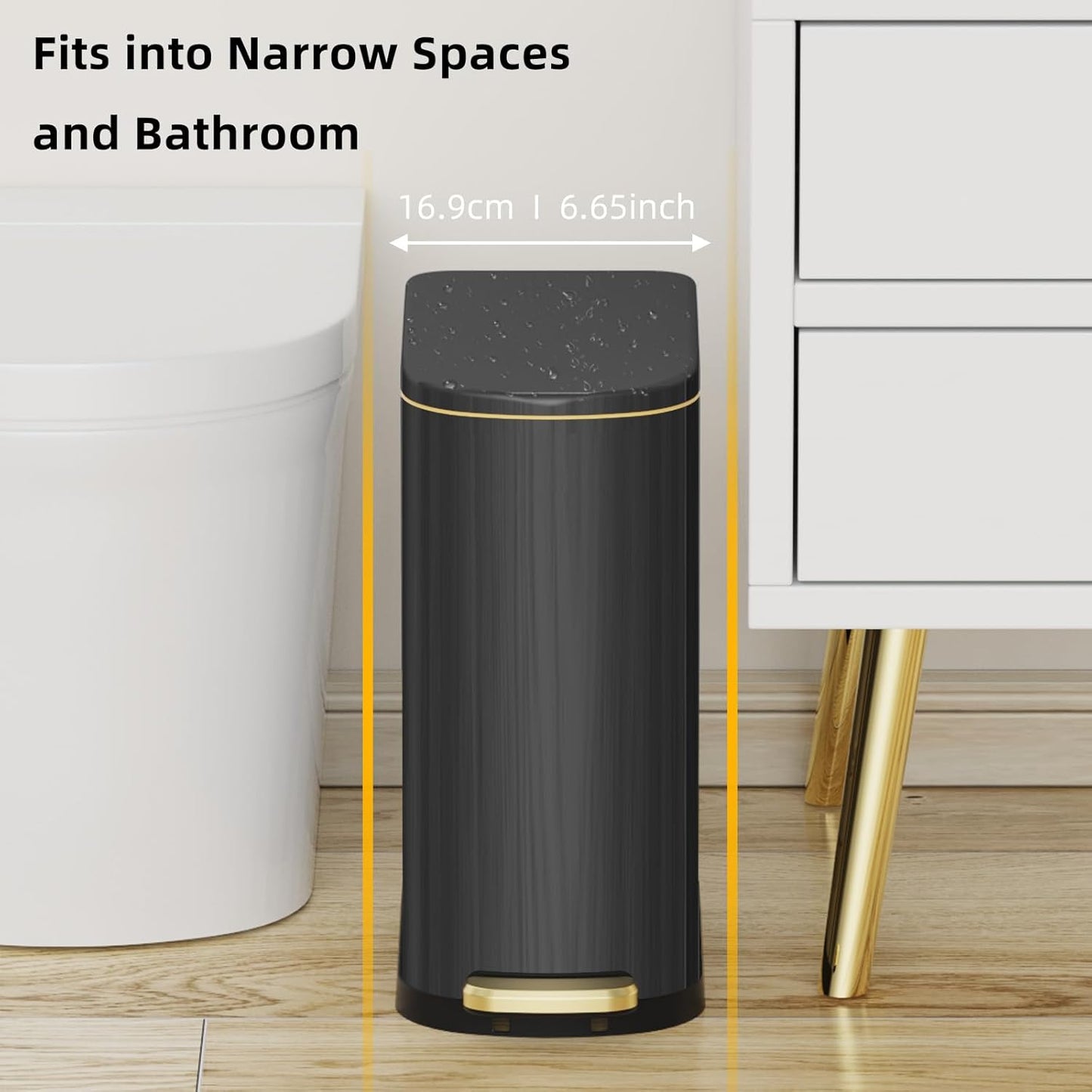 KSSKSS Slim Bathroom Trash Can - 2.6 Gallon Stainless Steel with Soft-Close Pedal | Titanium Black