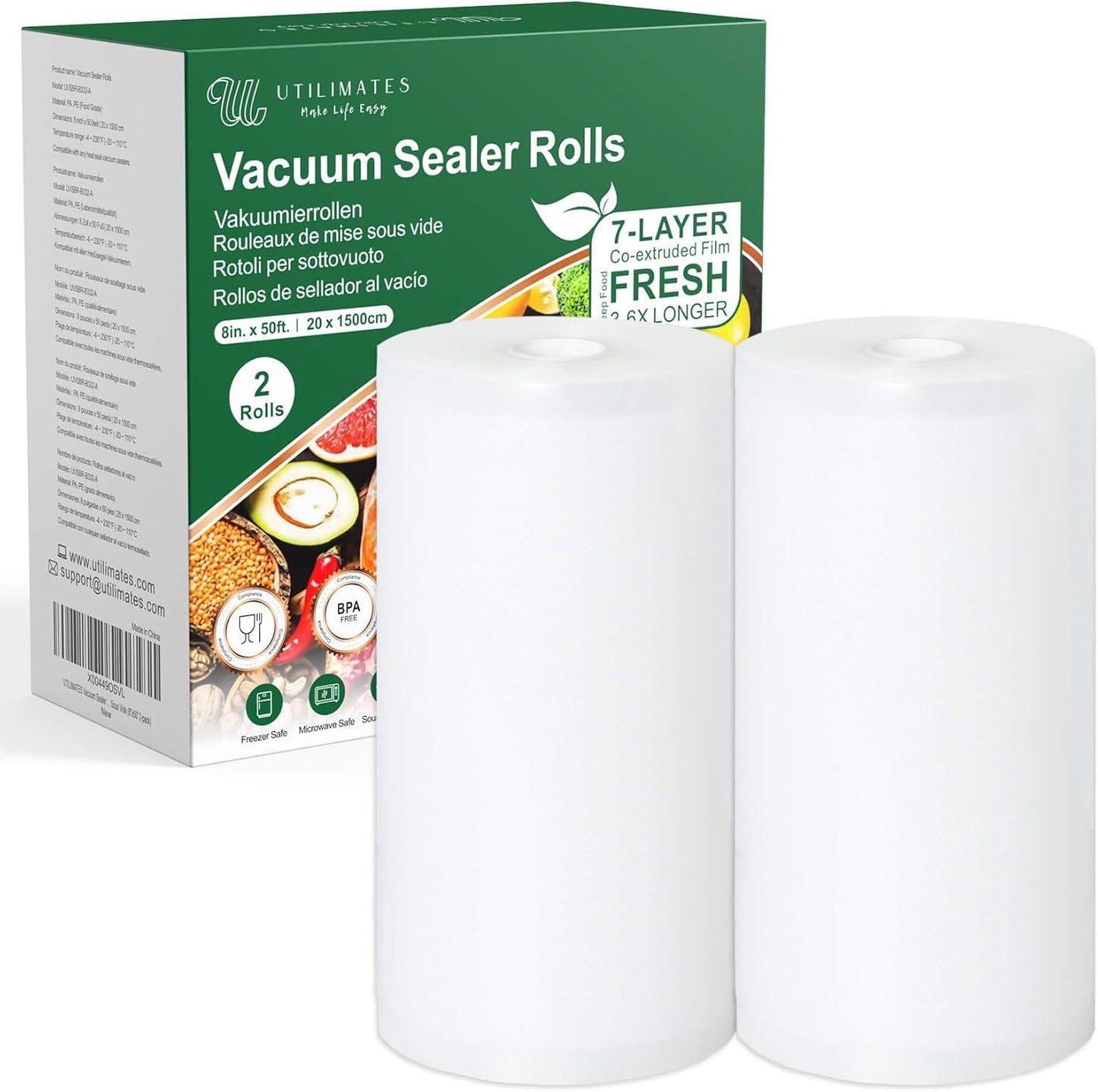 Skiennix Vacuum Sealer Bags - BPA-Free Heavy Duty Rolls 8 Inch x 50 Feet | Perfect for Food Storage & Sous Vide