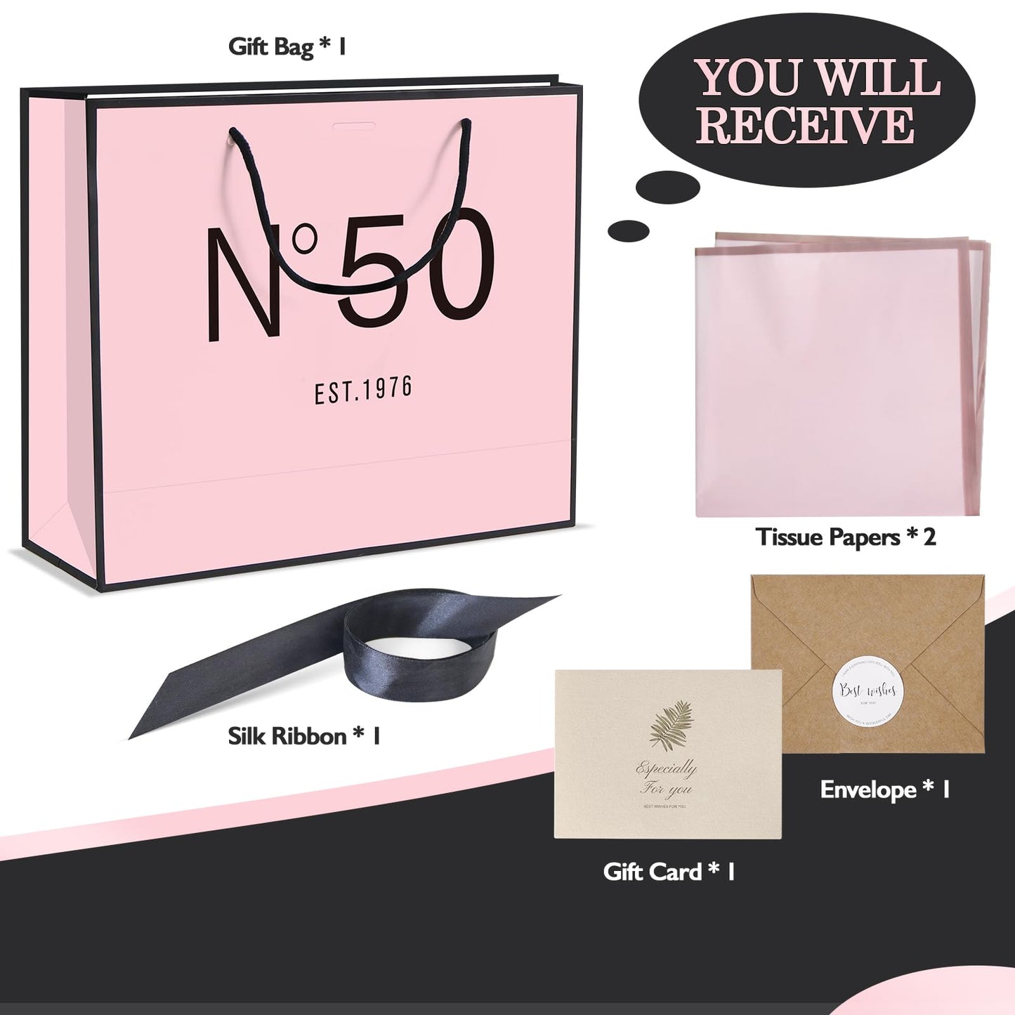 QLSKO 13" Birthday Gift Bag with Card Envelope Sticker Bow Ribbon and Tissue papers for Women Girls Design with Handles,13th-100th (EST.1976 50th, 13" W x 10.5" H x 4.3" D)