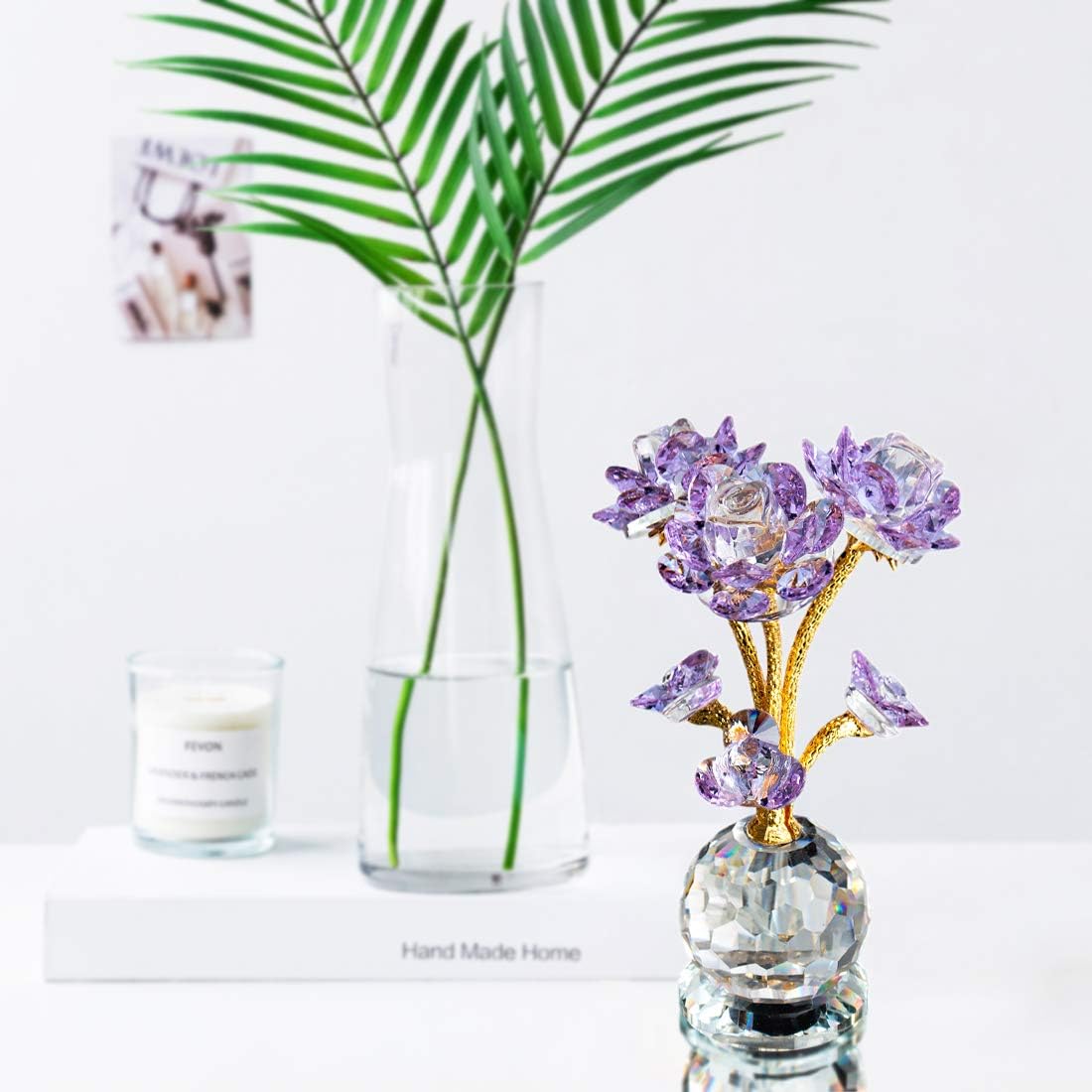 QFkris Purple Crystal Rose Flower Figurine - 6" Collectible Glass Statue | Elegant Home Decor Gift for Women