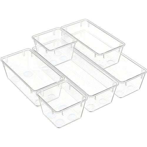 Clear Acrylic Drawer Organizer Trays, 5 Size Junk Box Organization Small Storage Container Bin for Desk Makeup Bathroom Vanity Kitchen Tool Make Up Workspace Home Dorm Apartment Office Room Nightstand