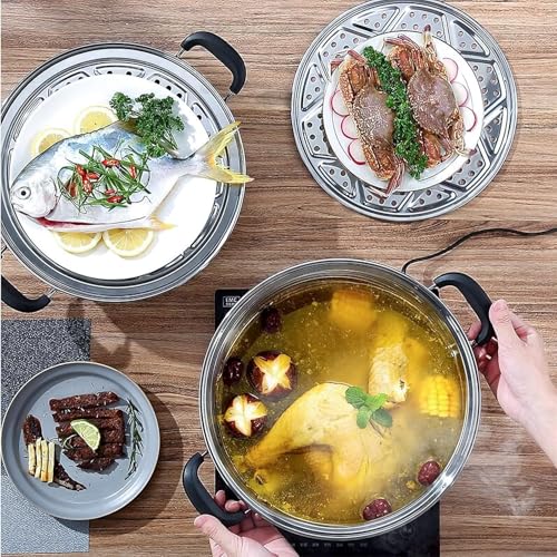 MANO 14.2 Inch Stainless Steel 2-Tier Steamer Pot with Lid for Cooking & Food Prep