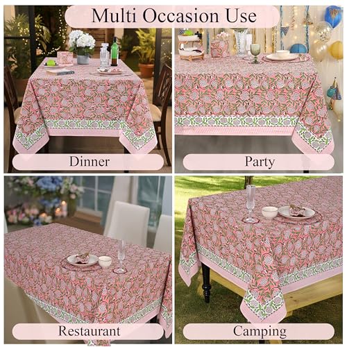 Ridhi Pink Strawberry Hand Block Print Rectangular Tablecloth 108x60 Inches